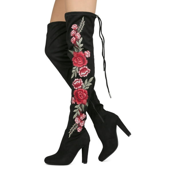 Womens Suede Embroidery Floral Pointed Toe Ankle Riding Boots Heels Shoes DIW